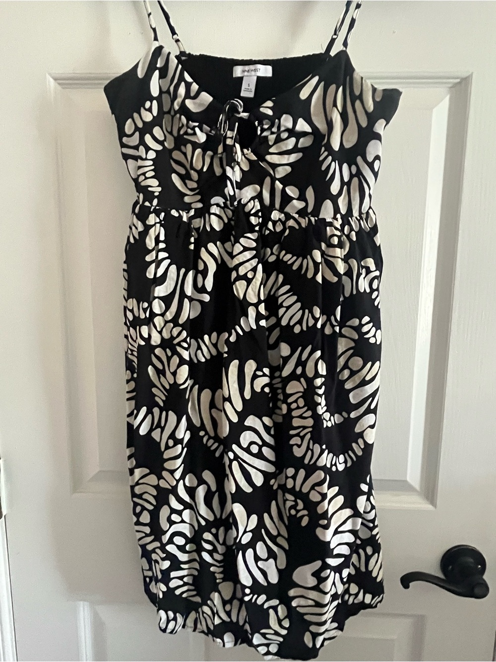 Nine West Black and White Printed Spaghetti-Strap Mini Dress